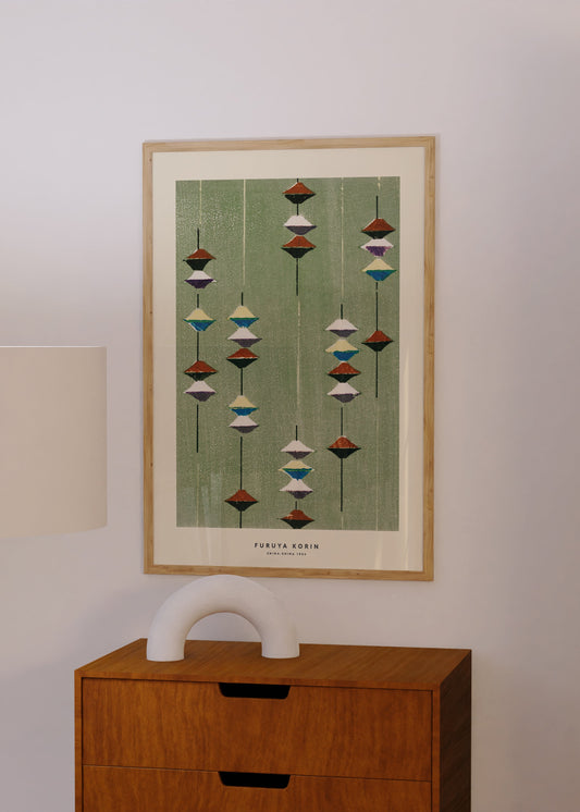 Japandi Art Woodblock Style Green Print