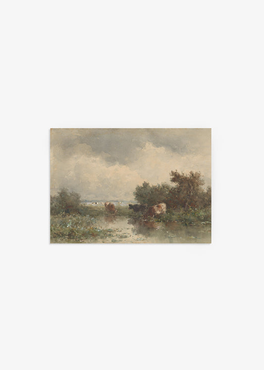 Three Cows Near A Pond Print Willem Roelofs