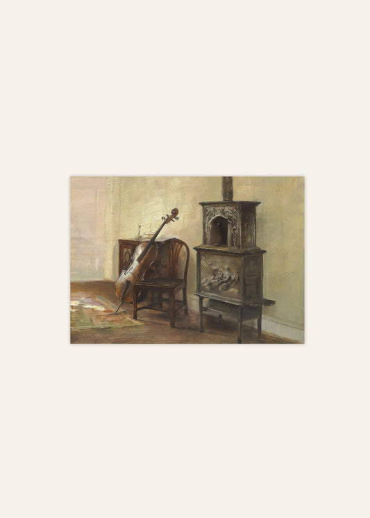 Cello and Fireplace Poster, Muscial Instrument Art
