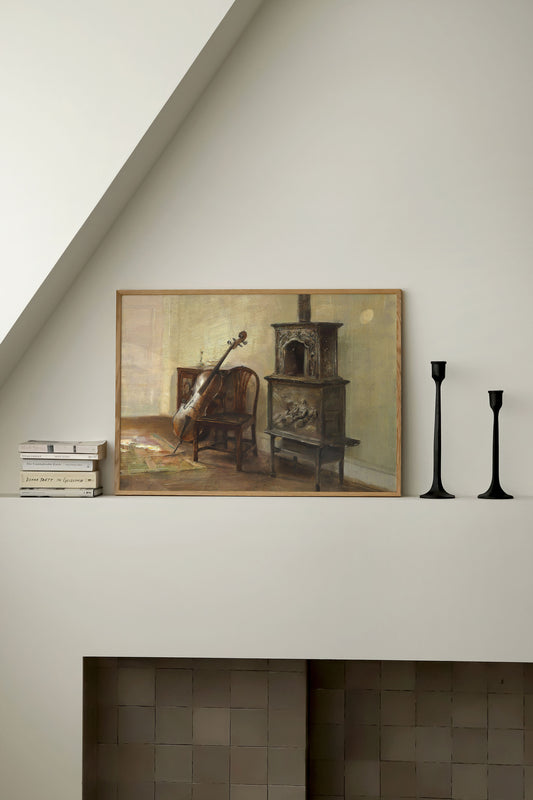 Cello and Fireplace Poster, Muscial Instrument Art