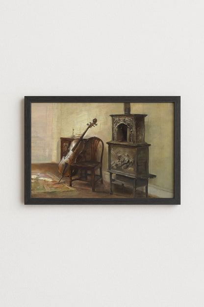 Cello and Fireplace Poster, Muscial Instrument Art