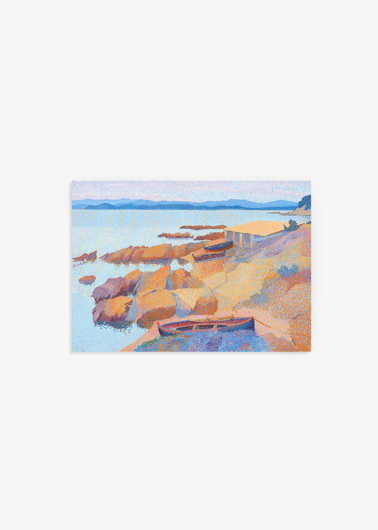 Painting of a coastal scene with boats and cliffs.